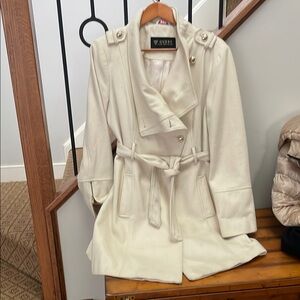 Guess Cream wool Trench Coat with Elegant Ruffle Details